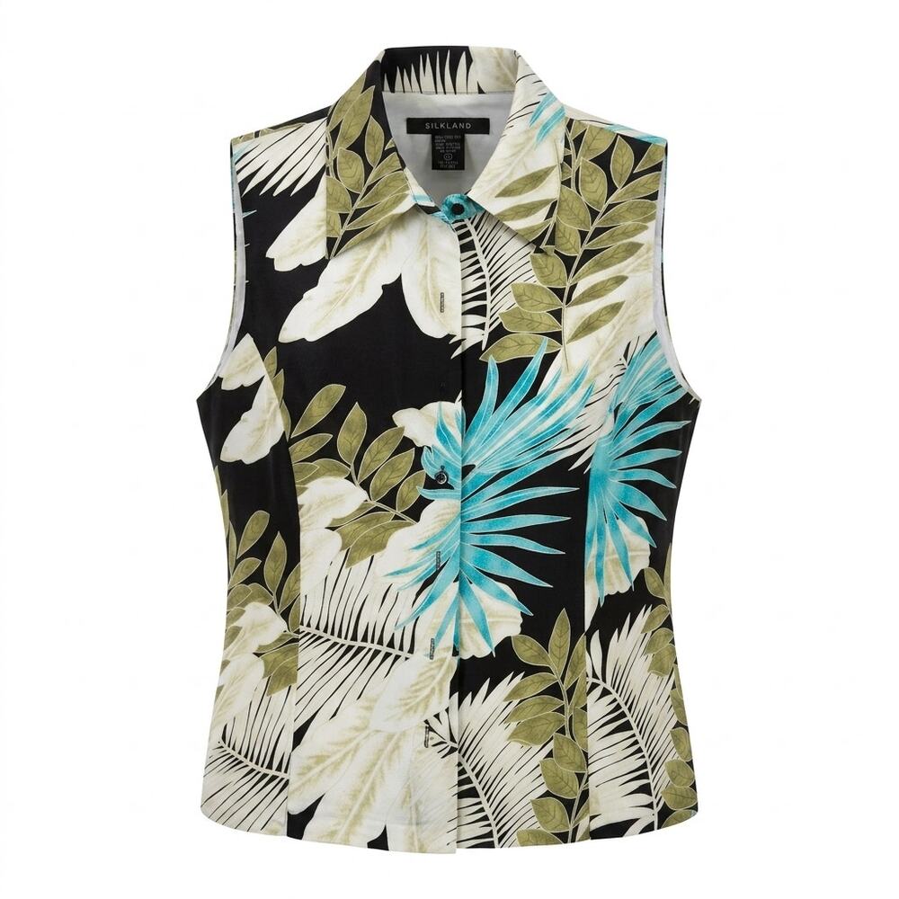 Silkland 100% Silk Black Floral Sleeveless Button-Up Shirt Women Size 8